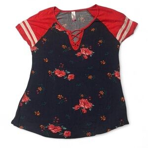 No Boundaries Red and Navy Floral Tee